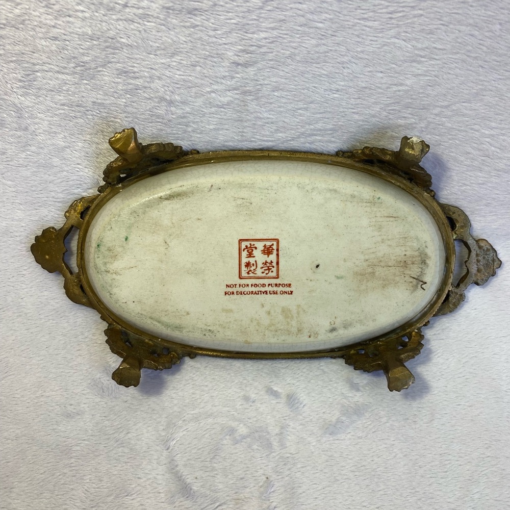 Antique Hua Rong Tang Zhi Porcelain & Ornate Bronze Footed Floral Tray 8” - Picture 2 of 9